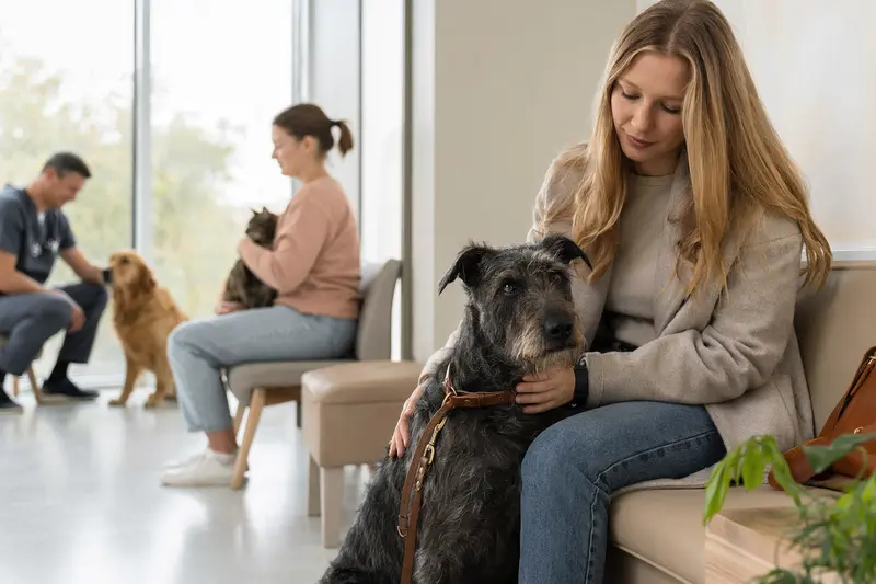 Ein Irish Blue Terrier sitzt ruhig neben seinem Besitzer im hellen Wartezimmer einer modernen Tierarztpraxis.